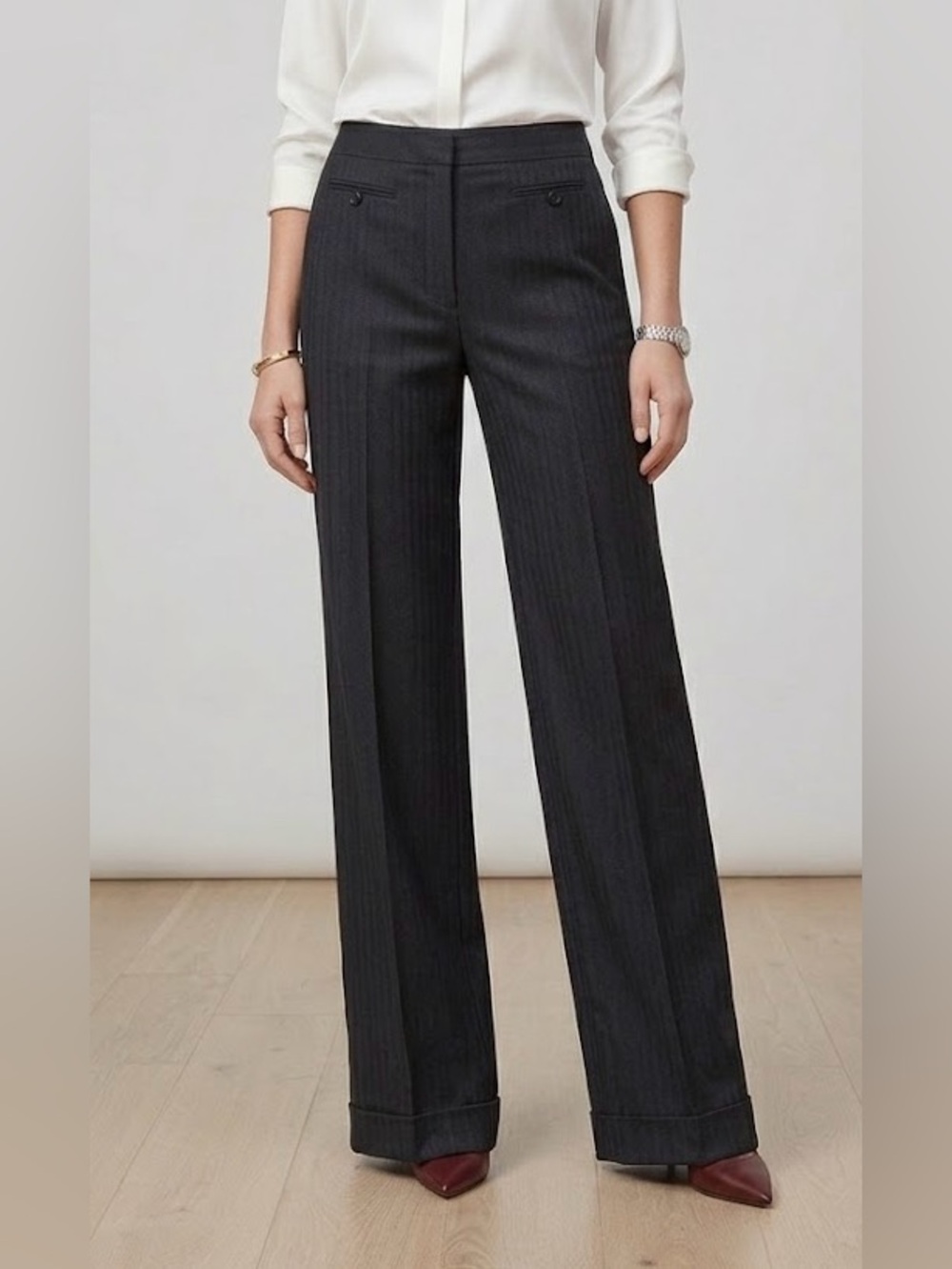 BCBG Max Azria Black Shadow Stripe Wide Leg Cuffed Pants Size 10 - Tall NWT